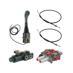 dalių hidraulinis komplektas: 90 l skirstytuvas + 6/2 solenoidinis vožtuvas + valdymo svirtis su vienu mygtuku + du 3 m kabeliai