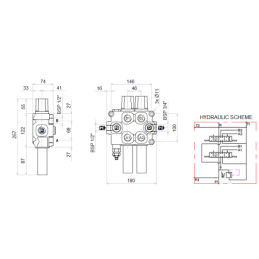 3 dalių hidraulinis komplektas: 90 l skirstytuvas + 6/2 solenoidinis vožtuvas + valdymo svirtis su vienu mygtuku + du 2,5 m kabe