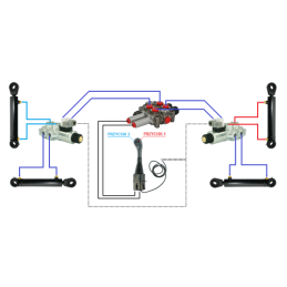 dalių hidraulinis komplektas: 60 l skirstytuvas + du 6/2 solenoidiniai vožtuvai + valdymo svirtis su dviem mygtukais + du 1,5 m 