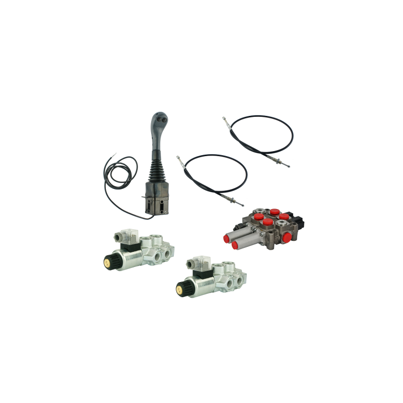 4 sekcijų hidraulinis komplektas: 60 l skirstytuvas + du 6/2 solenoidiniai vožtuvai + valdymo svirtis su dviem mygtukais + du 2 