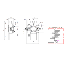 4 sekcijų hidraulinis komplektas: 60 l skirstytuvas + du 6/2 solenoidiniai vožtuvai + valdymo svirtis su dviem mygtukais + du 2 