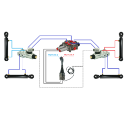 4 sekcijų hidraulinis komplektas: 60 l skirstytuvas + du 6/2 solenoidiniai vožtuvai + valdymo svirtis su dviem mygtukais + du 1 