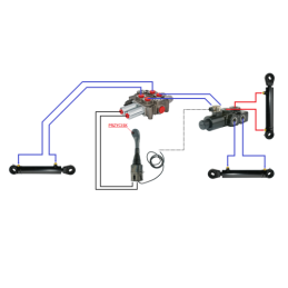 3 dalių hidraulinis komplektas: 90 l skirstytuvas + 6/2 solenoidinis vožtuvas + valdymo svirtis su vienu mygtuku + du 2 m kabeli
