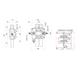 3 dalių hidraulinis komplektas: 90 l skirstytuvas + 6/2 solenoidinis vožtuvas + valdymo svirtis su vienu mygtuku + du 2 m kabeli