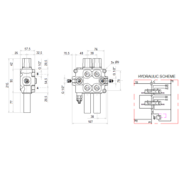 dalių hidraulinis komplektas: 60 l skirstytuvas + du 6/2 solenoidiniai vožtuvai + valdymo svirtis su dviem mygtukais + du 1,5 m 