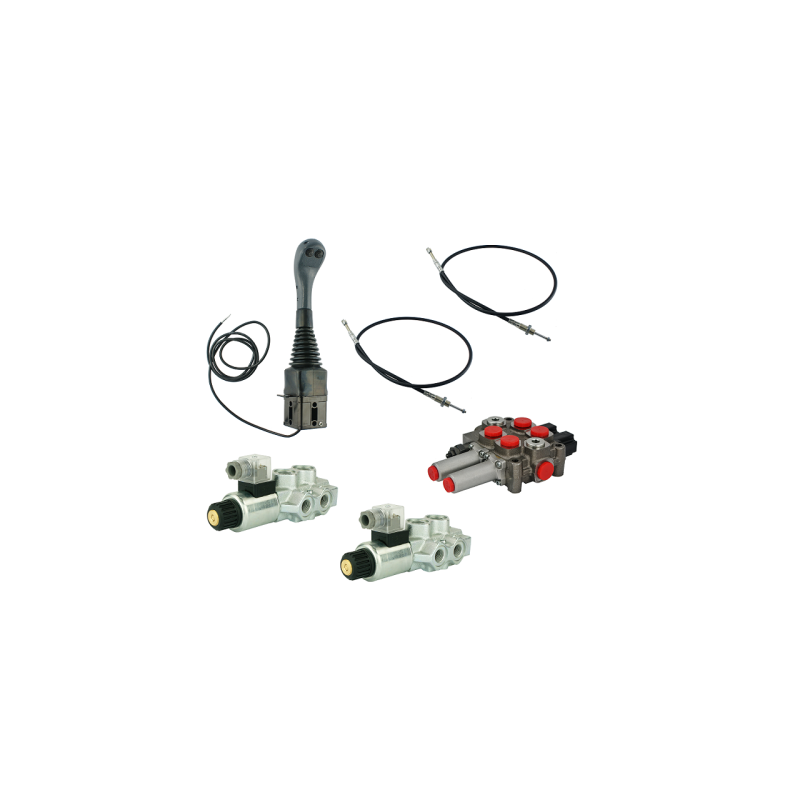 4 sekcijų hidraulinis komplektas: 60 l skirstytuvas + du 6/2 solenoidiniai vožtuvai + valdymo svirtis su dviem mygtukais + du 2 