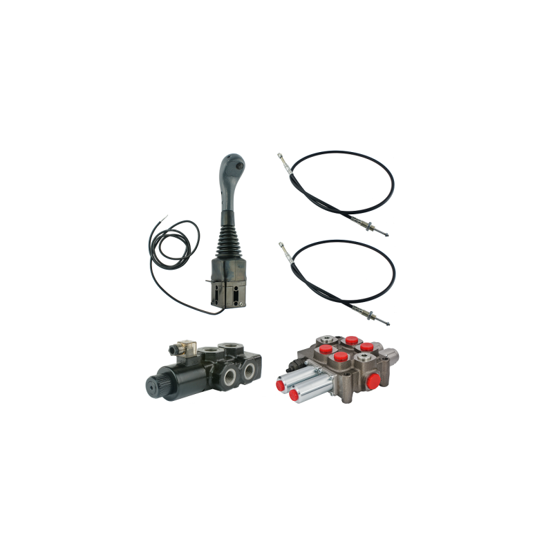 dalių hidraulinis komplektas: 90 l skirstytuvas su plūduriuojančia sekcija + 6/2 solenoidinis vožtuvas + valdymo svirtis su vien