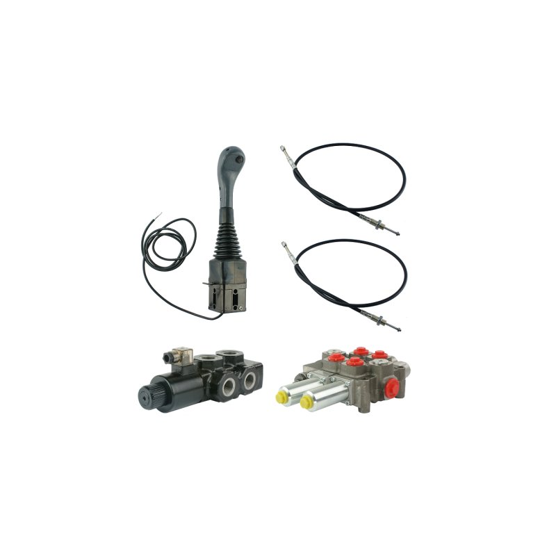 3 dalių hidraulinis komplektas: 120 l skirstytuvas + 6/2 solenoidinis vožtuvas + valdymo svirtis su vienu mygtuku + du 2 m kabel