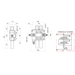 3 dalių hidraulinis komplektas: 120 l skirstytuvas + 6/2 solenoidinis vožtuvas + valdymo svirtis su vienu mygtuku + du 2,5 m kab
