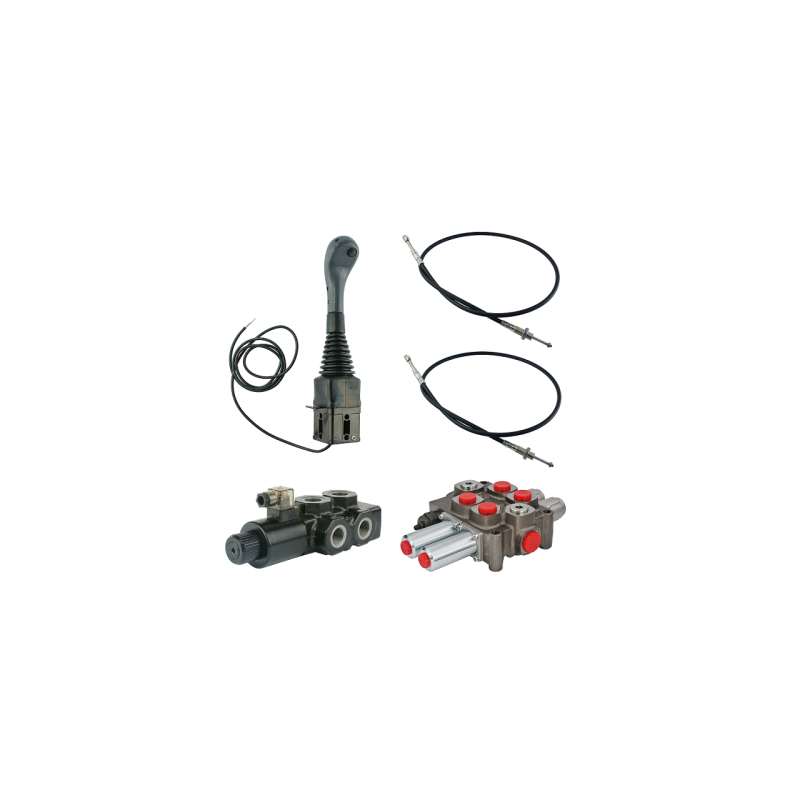 dalių hidraulinis komplektas: 90 l skirstytuvas su plūduriuojančia sekcija + 6/2 solenoidinis vožtuvas + valdymo svirtis su vien