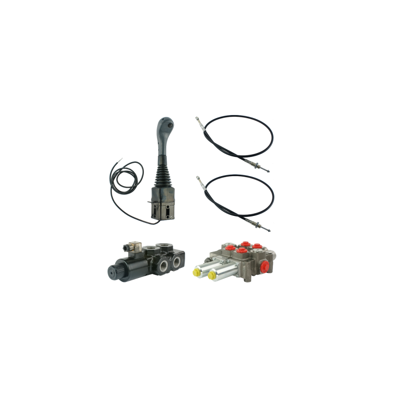 3 dalių hidraulinis komplektas: 120 l skirstytuvas + 6/2 solenoidinis vožtuvas + valdymo svirtis su vienu mygtuku + du 3 m kabel