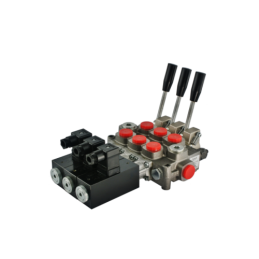 3 sekcijų hidraulinis skirstytuvas 60 l/min., valdomas elektra (12 V) arba su svirtimis. Galtech: Q45-F1S-3X103/A1/D41-F3D-12V-3