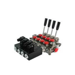 4 sekcijų hidraulinis skirstytuvas 60 l/min., valdomas elektra (12 V) arba su svirtimis. Galtech: Q45-F1S-4X103/A1/D41-F3D-12V-4