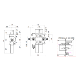 4 dalių hidraulinis komplektas: 90 l skirstytuvas + du 6/2 solenoidiniai vožtuvai + valdymo svirtis su dviem mygtukais + du 1,5 