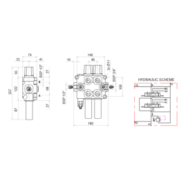 4 sekcijų hidraulinis komplektas: 90 l skirstytuvas + du 6/2 solenoidiniai vožtuvai + valdymo svirtis su dviem mygtukais + du 3 