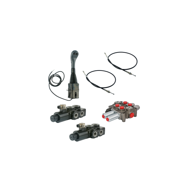 4 sekcijų hidraulinis komplektas: 90 l skirstytuvas + du 6/2 solenoidiniai vožtuvai + valdymo svirtis su dviem mygtukais + du 2,