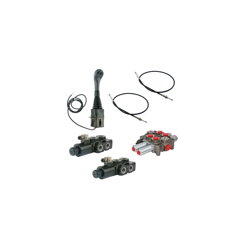 4 sekcijų hidraulinis komplektas: 90 l skirstytuvas + du 6/2 solenoidiniai vožtuvai + valdymo svirtis su dviem mygtukais + du 2,