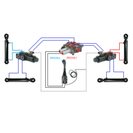 4 sekcijų hidraulinis komplektas: 90 l skirstytuvas su plūduriuojančia sekcija + du 6/2 solenoidiniai vožtuvai + valdymo svirtis