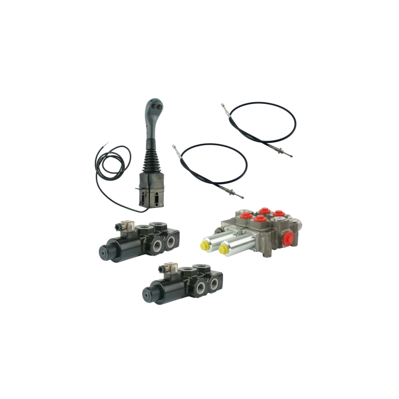 4 dalių hidraulinis komplektas: 120 l skirstytuvas + du 6/2 solenoidiniai vožtuvai + valdymo svirtis su dviem mygtukais + du 1,5