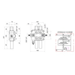 4 dalių hidraulinis komplektas: 120 l skirstytuvas + du 6/2 solenoidiniai vožtuvai + valdymo svirtis su dviem mygtukais + du 1,5