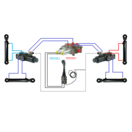 4 dalių hidraulinis komplektas: 120 l skirstytuvas + du 6/2 solenoidiniai vožtuvai + valdymo svirtis su dviem mygtukais + du 2 m