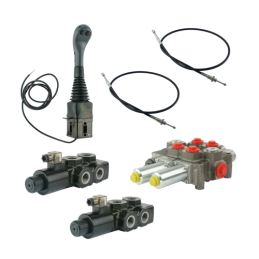dalių hidraulinis komplektas: 120 l skirstytuvas + du 6/2 solenoidiniai vožtuvai + valdymo svirtis su dviem mygtukais + du 2,5 m