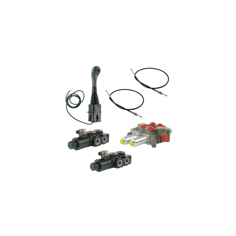 4 dalių hidraulinis komplektas: 120 l skirstytuvas + du 6/2 solenoidiniai vožtuvai + valdymo svirtis su dviem mygtukais + du 3 m