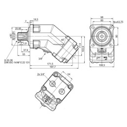 MXP25 hidraulinis stūmoklinis variklis, darbinis tūris: 25 cm3/aps., greitis: 6300 aps./min., maksimali galia: 105 kW, sukimo mo