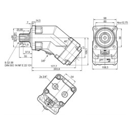 MXP32 hidraulinis stūmoklinis variklis, darbinis tūris: 32 cm3/aps., greitis: 6300 aps./min., maksimali galia: 134 kW, sukimo mo