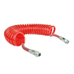2 x Raudona spiralinė pneumatinė žarna M22x1.5, 6 m ilgio, pagaminta iš poliuretano