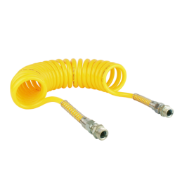 2 x Geltona spiralinė pneumatinė žarna M22x1.5, 5 m ilgio, pagaminta iš poliuretano