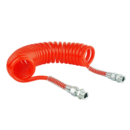 2 x Raudona spiralinė pneumatinė žarna M22x1.5, 5 m ilgio, pagaminta iš poliuretano