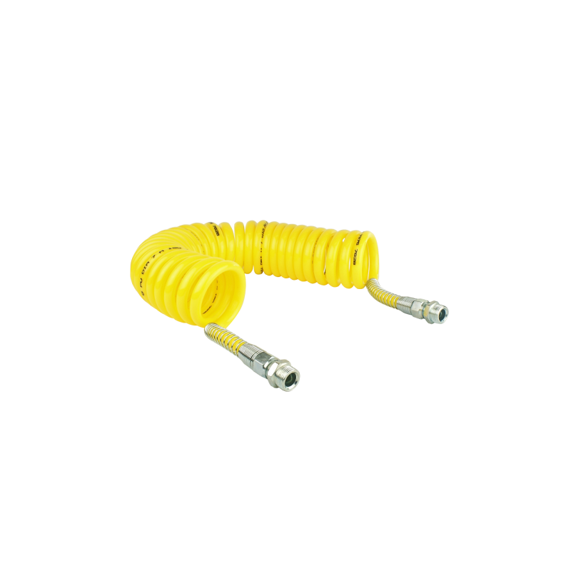 2 x Geltona spiralinė pneumatinė žarna M22x1.5, ilgis 7m, pagaminta iš poliuretano