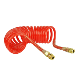 2 x Raudona spiralinė pneumatinė žarna M22x1.5, ilgis 5.5m, pagaminta iš polietileno
