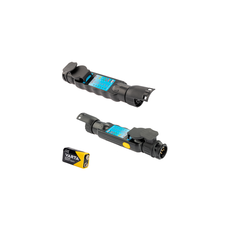 2 x Elektroninis 7 kontaktų elektros lizdų testeris su 13/7, 7/13 adapteriais ir 9 V baterija
