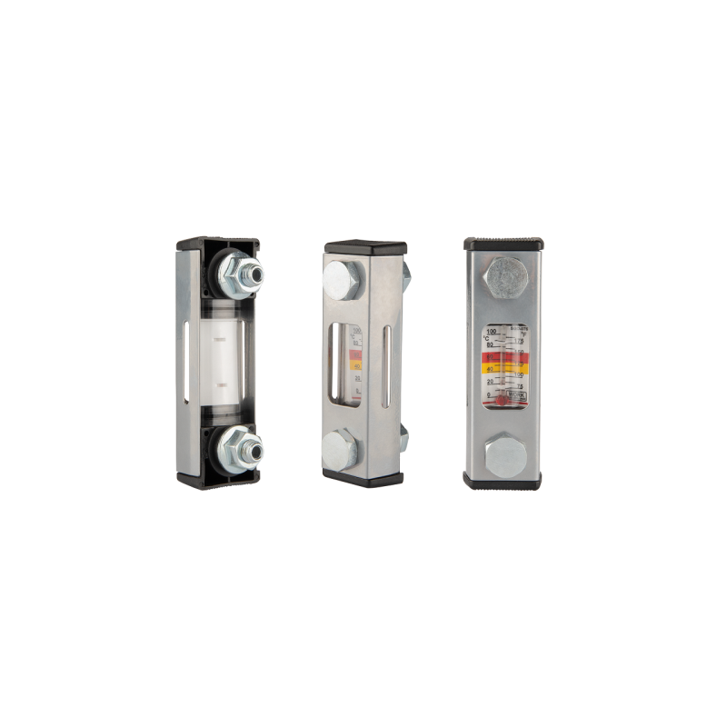 2 x Alyvos lygio indikatorius bake su termometru, LVA tipas, skylių atstumas 76 mm, sriegis M10x1,5