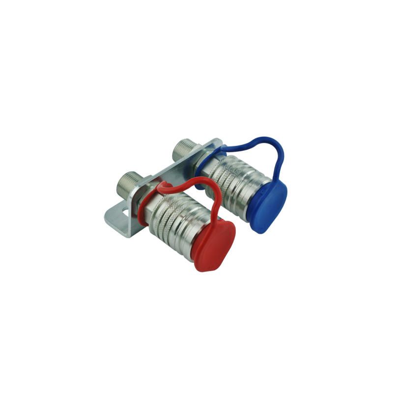 2 x Dvi hidraulinės greitosios jungtys su europietiškais lizdais, komplekte su tvirtinimo laikikliu ir spalvotais dangteliais. I