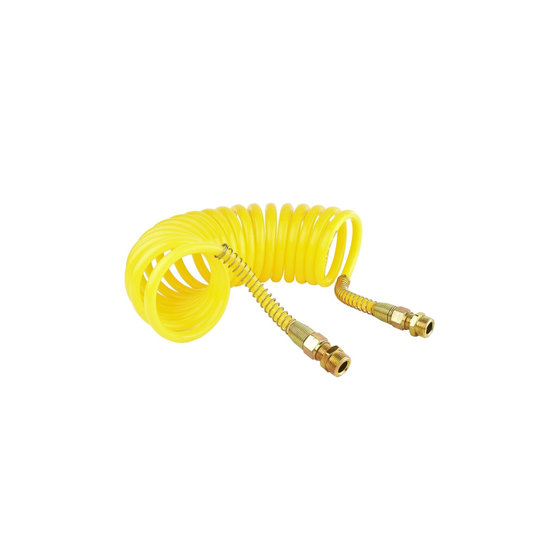 Geltona spiralinė pneumatinė žarna m22x1.5, ilgis 5.5m, pagaminta iš polietileno