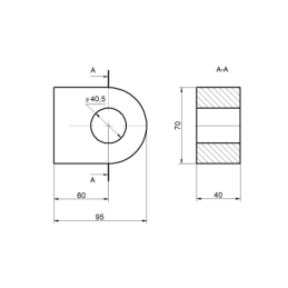 Suvirinama kilpa kaiščiui su skyle FI 40,5 mm, tvirtinimas hidraulinio cilindro suvirinimui 40x70x40 mm