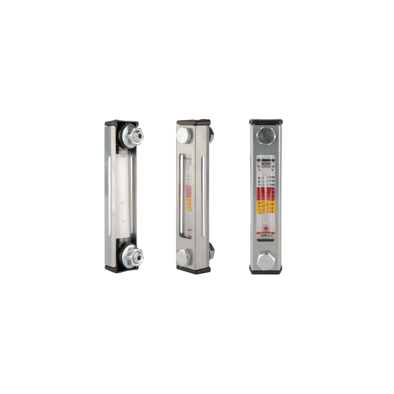 Alyvos lygio indikatorius bake su termometru, LVA tipas, skylių atstumas 127 mm, sriegis M12