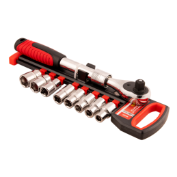 11-19 mm lizdinių raktų rinkinys su 1/2 colio prailginamu terkšle, plastikine rankena