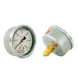 Lenkijoje pagamintas glicerino manometras, kurio ciferblato skersmuo yra 63 mm, o slėgio matavimo diapazonas – 0–60 barų.