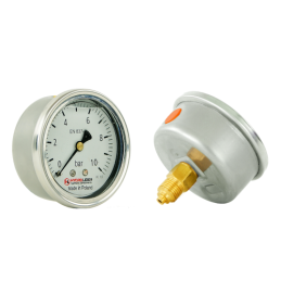 Lenkijoje pagamintas glicerino manometras, kurio ciferblato skersmuo yra 63 mm, o slėgio matavimo diapazonas – 0–10 barų.