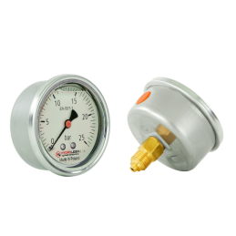 Lenkijoje pagamintas glicerino manometras, kurio ciferblato skersmuo yra 63 mm, o slėgio matavimo diapazonas – 0–25 bar.