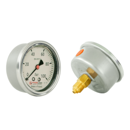 Lenkijoje pagamintas glicerino manometras, kurio ciferblato skersmuo yra 63 mm, o slėgio matavimo diapazonas – 0–100 bar.