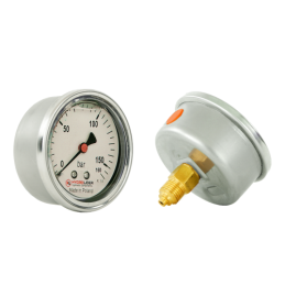 Lenkijoje pagamintas glicerino manometras, kurio ciferblato skersmuo yra 63 mm, o slėgio matavimo diapazonas – 0–160 barų.