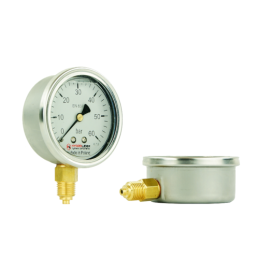 Lenkijoje pagamintas glicerino manometras, kurio ciferblato skersmuo yra 63 mm, o slėgio matavimo diapazonas – 0–60 barų.