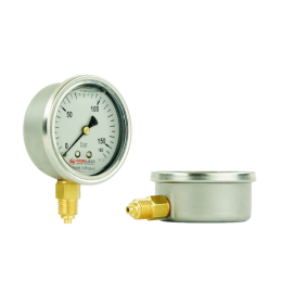 Lenkijoje pagamintas glicerino manometras, kurio ciferblato skersmuo yra 63 mm, o slėgio matavimo diapazonas – 0–160 barų.