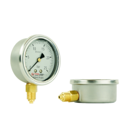 Lenkijoje pagamintas glicerino manometras, kurio ciferblato skersmuo yra 63 mm, o slėgio matavimo diapazonas – 0–25 bar.