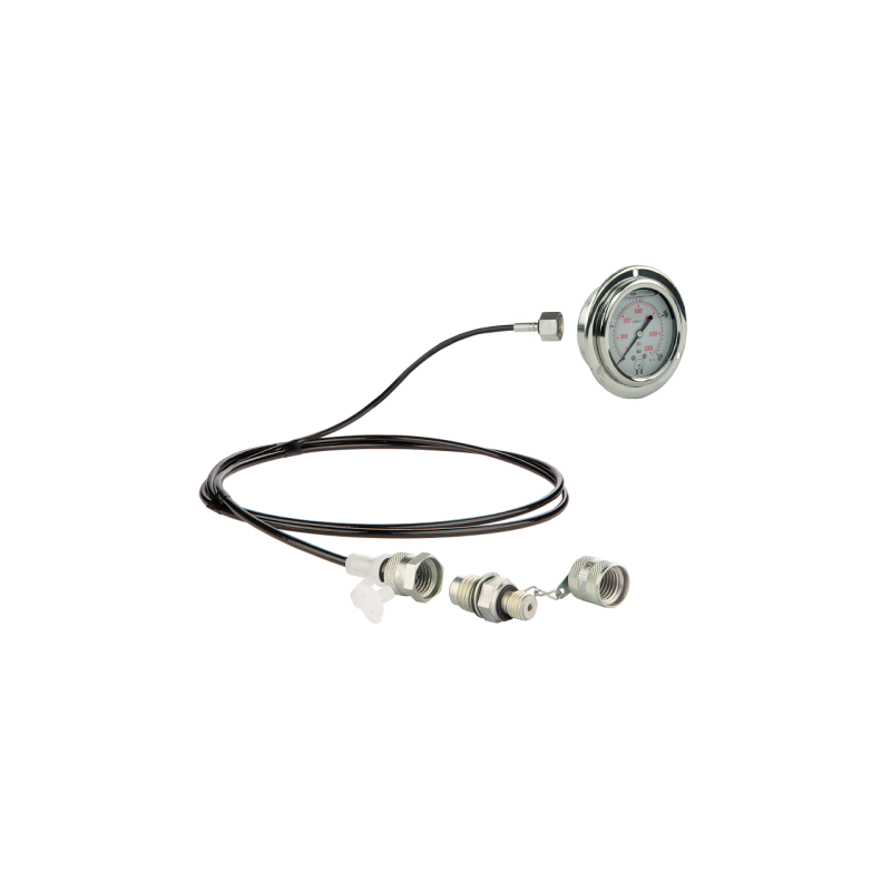 Serviso rinkinys alyvos slėgiui matuoti ir hidraulinės sistemos diagnostikai. 400 barų slėgio matuoklis + 2000 mm žarna su M10x1